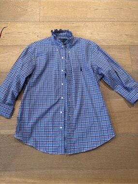 Ralph Lauren Blue and Pink Plaid Ruffle-Collar Button Shirt